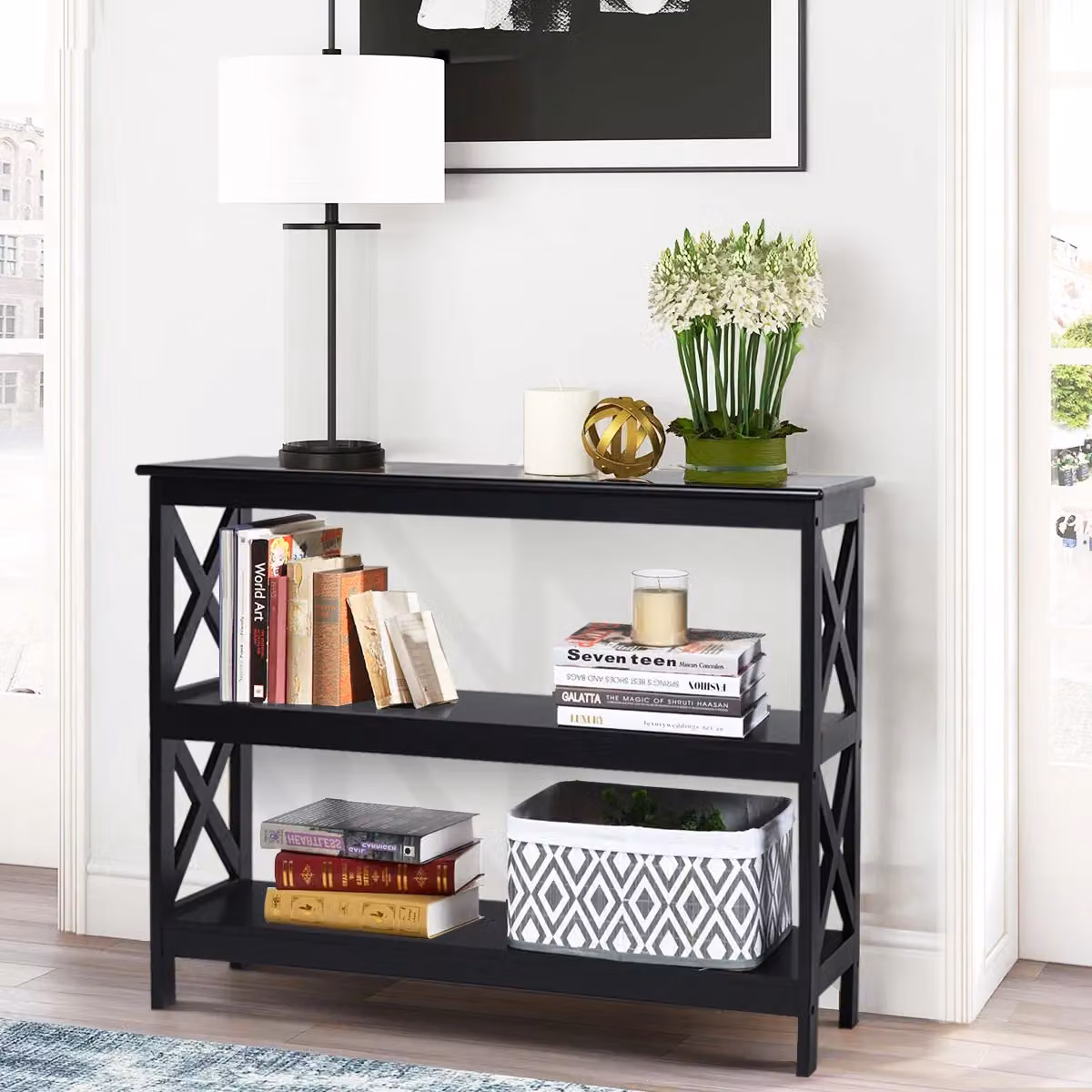 Costway 3-Tier X-Design Wooden Console Table with Shelf in Black – 3