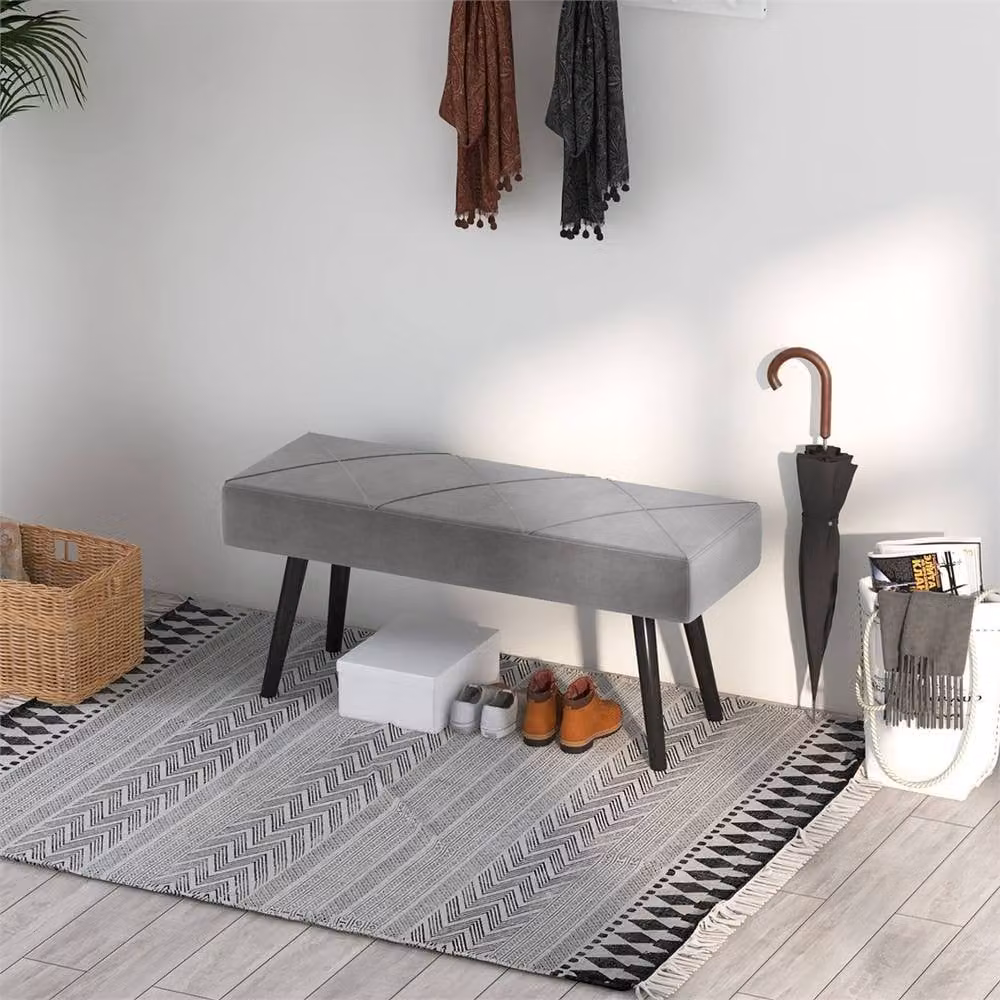 Kelvenix Grey Upholstered Velvet Hallway and Bedroom Bench with Metal Frame – 3