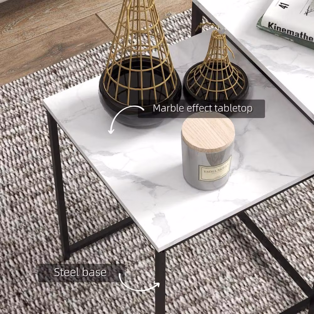 Wyld Haus Rekaco Set of 3 White Marble Effect Nesting Tables with MDF and Metal Construction – 4