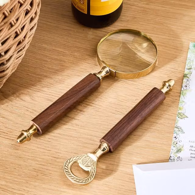 Dibor Vintage Brass Magnifying Glass and Bottle Opener Gift Set in Brown
