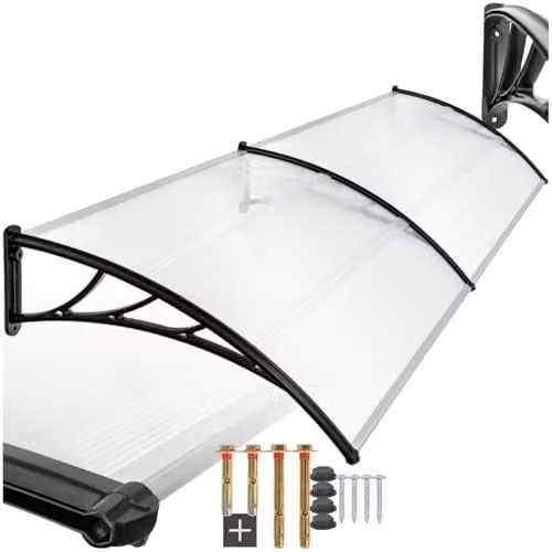 tectake Front Door Canopy with Translucent Polycarbonate Panels and Arched Side Struts, Black, W: 300 cm, D: 93 cm – 1