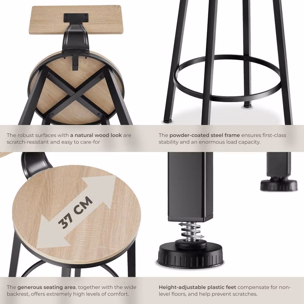 tectake Poole Industrial Bar Stools Set of 2 in Light Oak and Black – 4