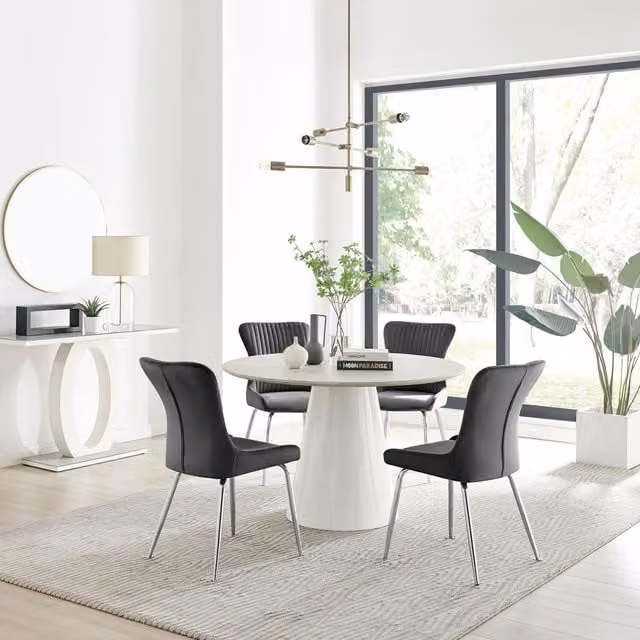 Furniturebox Palma Beige Stone Effect Round Dining Table and 4 Nora Silver Leg Chairs in Dark Grey