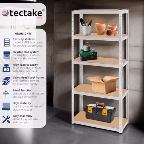 tectake 5-Tier Heavy-Duty Shelving Unit with Galvanised Steel Frame and Adjustable MDF Shelves, W/D/H: 180 x 75 x 30 cm – 2