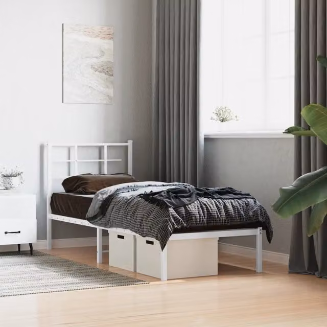 Berkfield Home Metal Bed Frame with Headboard in White, W/D/H: 75 x 190 cm – 1