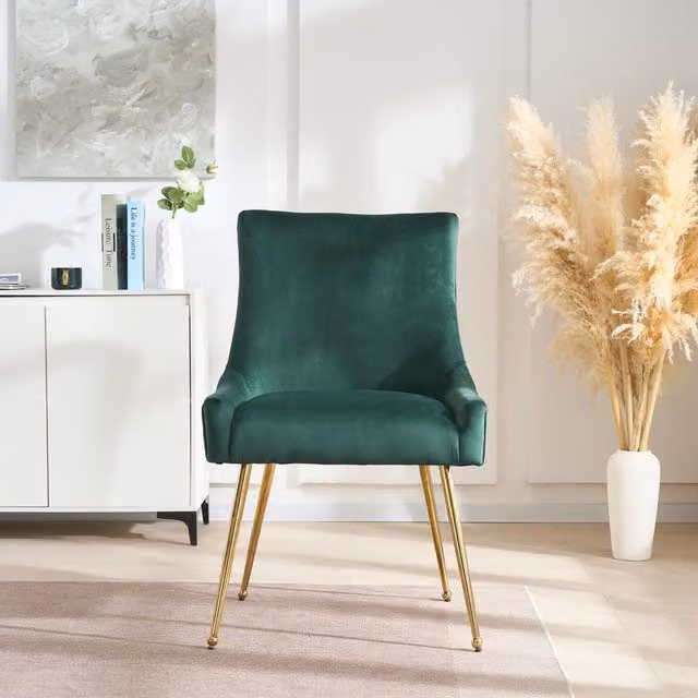 Life Interiors Viviana Set of 2 Green Velvet Dining Chairs with Gold Metal Legs and Ring Handle
