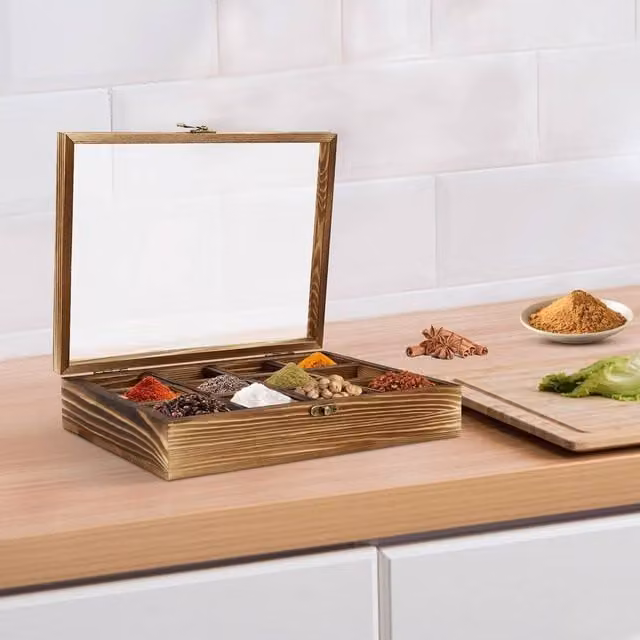 EONLION Solid Wood Spice Box in Brown with 12 Containers and Loose Lid, Width: 50 cm