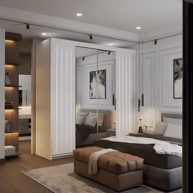 Sliding Wardrobes 4U Modern Double Sliding Wardrobe with LED Lighting and Mirror, White, W: 150 cm, D: 62 cm, H: 217 cm