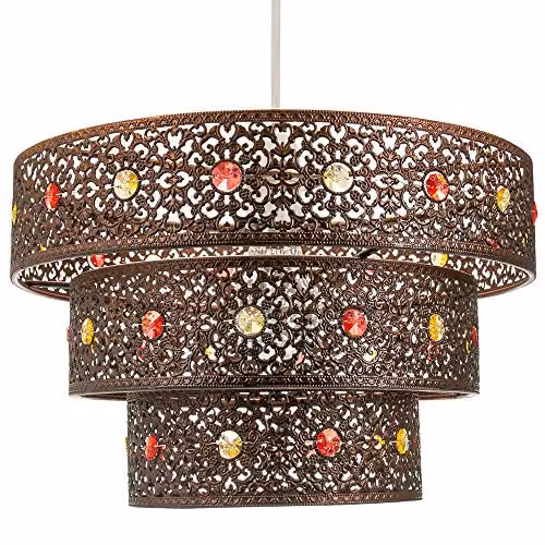 Happy Homewares Moroccan Style Triple Tier Ornate Pendant Light Shade in Antique Bronze with Red and Amber Beads, Width: 30 cm – 1