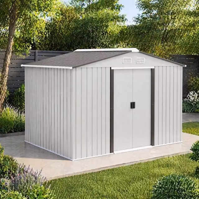 STILVORA Modern Galvanised Steel Garden Shed with Sliding Doors and Side Ventilation in Silver