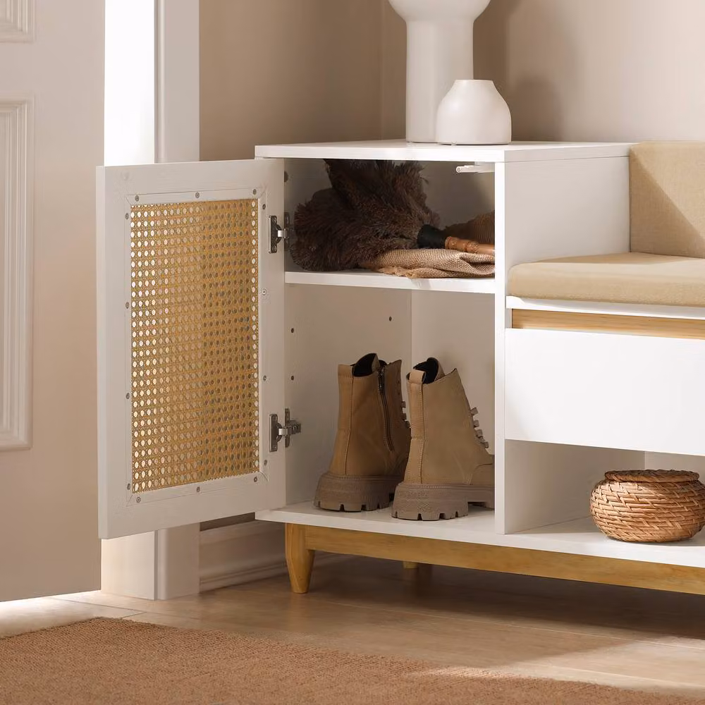 SoBuy Scandinavian Style Entrance Bench with Rattan Shoe Rack Storage in White and Beige – 5