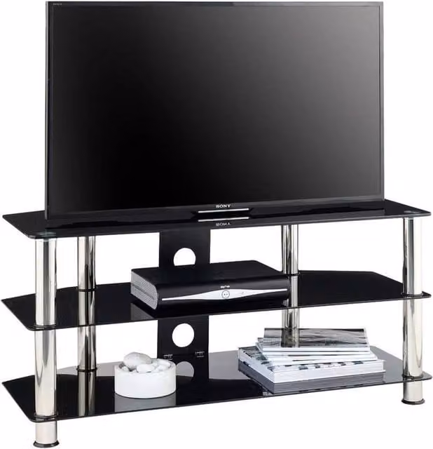 FORGEVIO Black Glass Modern TV Stand with 3 Shelves, Width: 105 cm