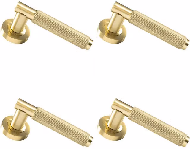 Loops 4x Pair Knurled Grip Round Bar Handles with Round Rose Concealed Fix in Satin Brass