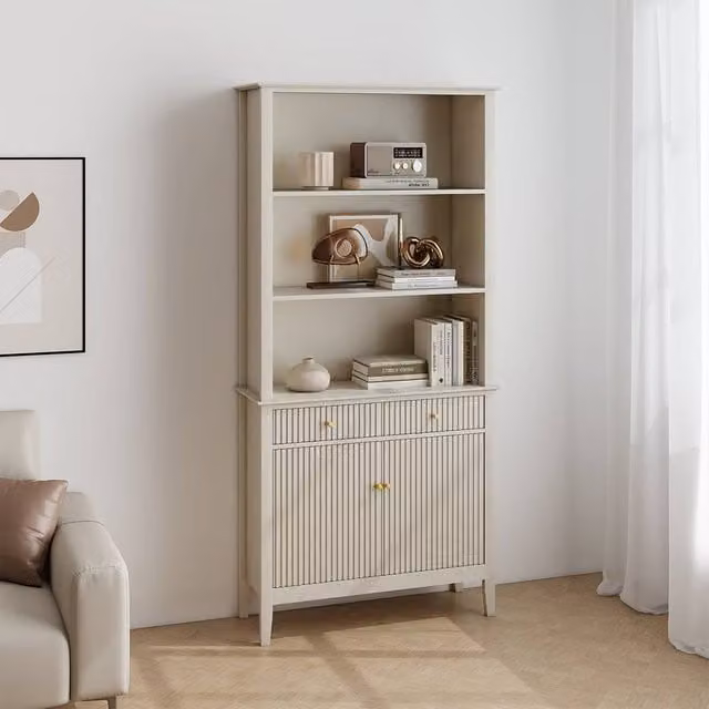 Melody Maison Hales Taupe Large Freestanding Storage Display Cabinet with 2 Drawers and 2 Doors in Beige