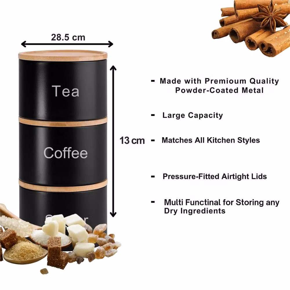 Havendro Set of 3 Black Airtight Metal and Bamboo Stacking Canisters for Tea, Coffee and Sugar – 2