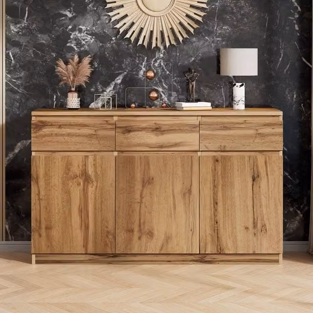 Merax Modern Light Oak Effect Sideboard Buffet Cabinet with 3 Drawers and 3 Doors, W: 81 cm, D: 40 cm, H: 40 cm