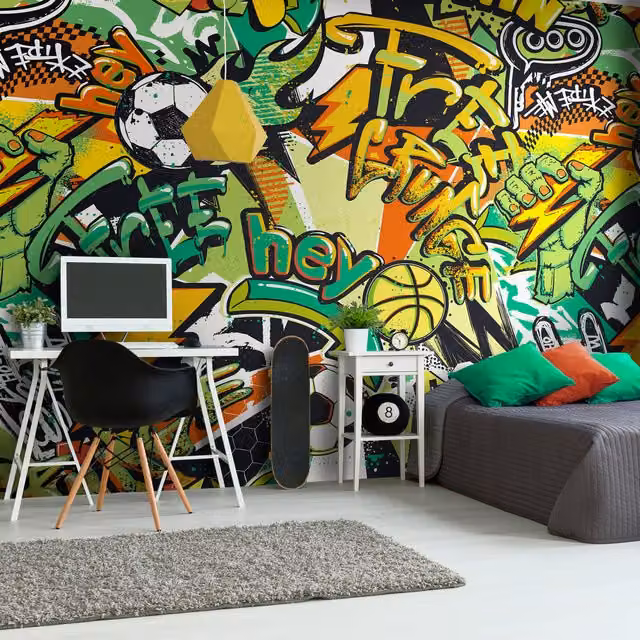 Origin Murals Sports Graffiti Abstract Mural in Emerald and Orange, Medium
