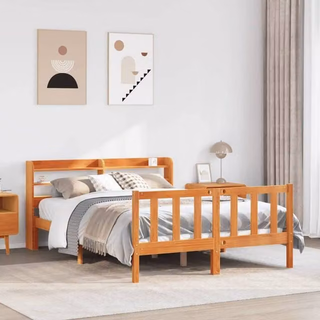Berkfield Home Solid Pine Bed Frame with Headboard and Side Compartments, Wax Brown, W/D/H: 160 x 200 cm