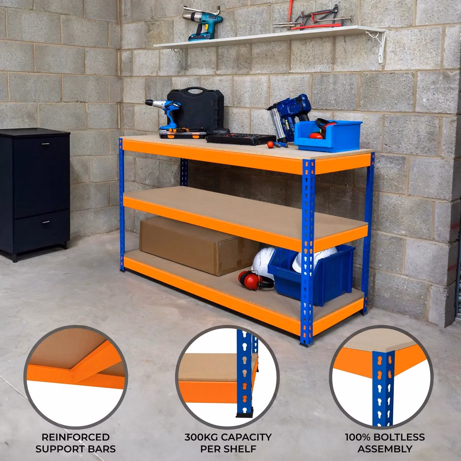 Monstershop S-Rax 3 Tier Workbench in Orange, W/D/H: 180 x 60 x 90 cm – 2