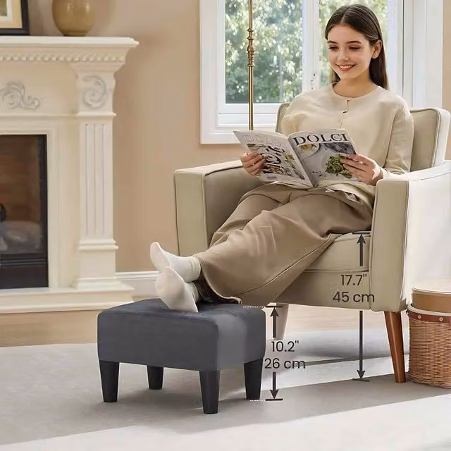 The Bazaarist Modern Rectangular Linen Ottoman Footstool with Cushioned Seat in Grey and Black