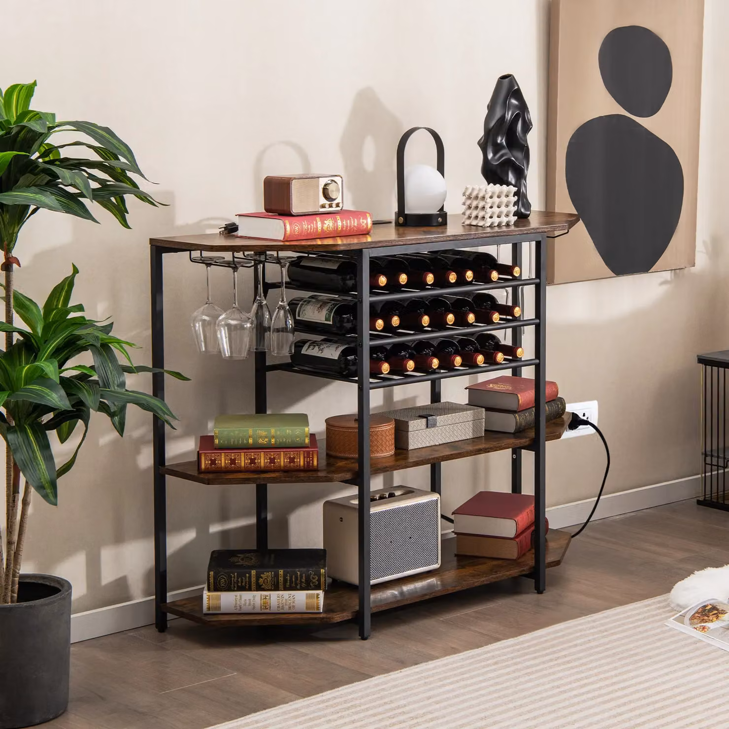 Costway 3 Tier Industrial Wine Bar Cabinet with Storage Shelves and Glass Holder in Brown – 5