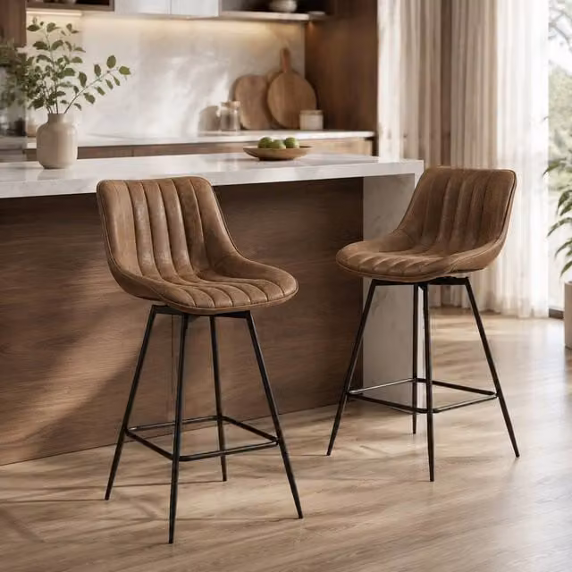 STILVORA Set of 2 Modern Swivel Bar Stools with Brown Synthetic Leather