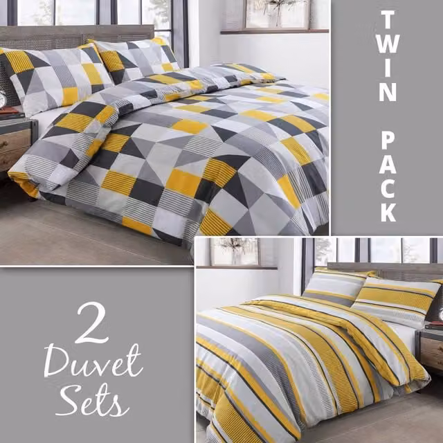 Velosso Jazz Two Pack Duvet Cover and Pillowcase Set in Yellow, King Size, W: 180 cm, H: 200 cm