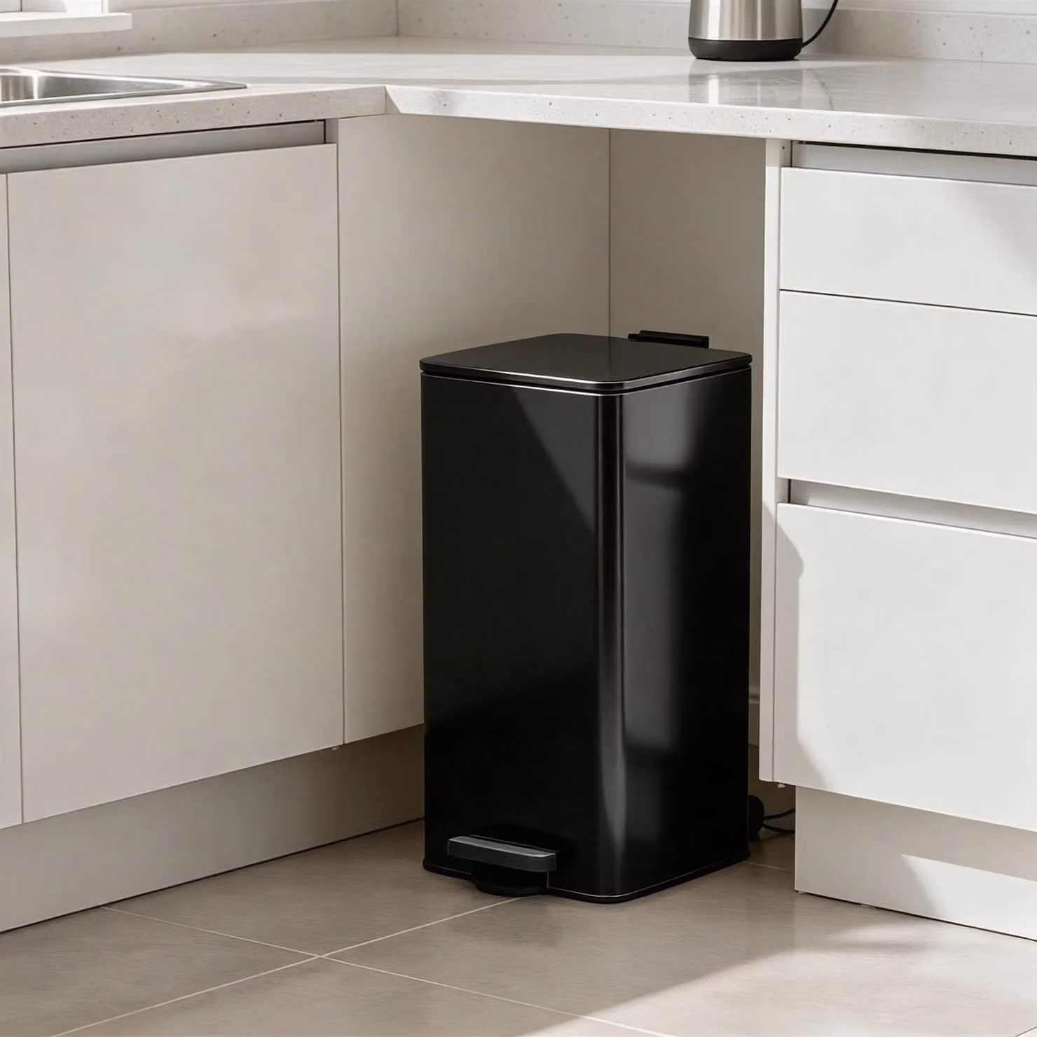 Harbour Housewares 30L Square Stainless Steel Kitchen Pedal Bin in Black with Soft-Close Lid and Removable Inner Bucket – 5