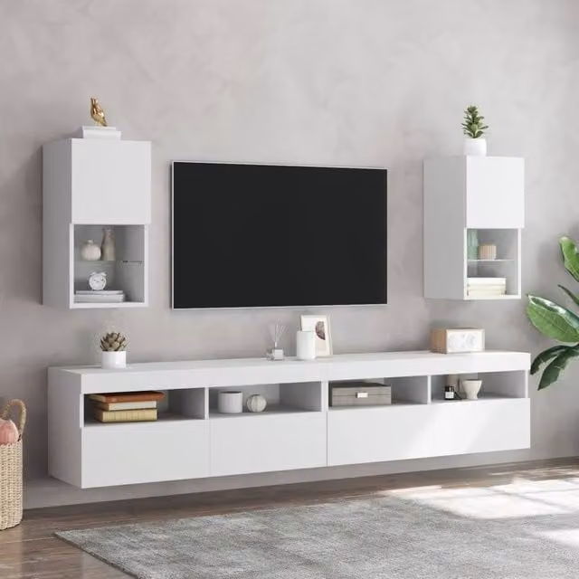 Berkfield Home Set of 2 Modern White TV Cabinets with LED Lights, W/D/H: 30.5 x 30 x 60 cm