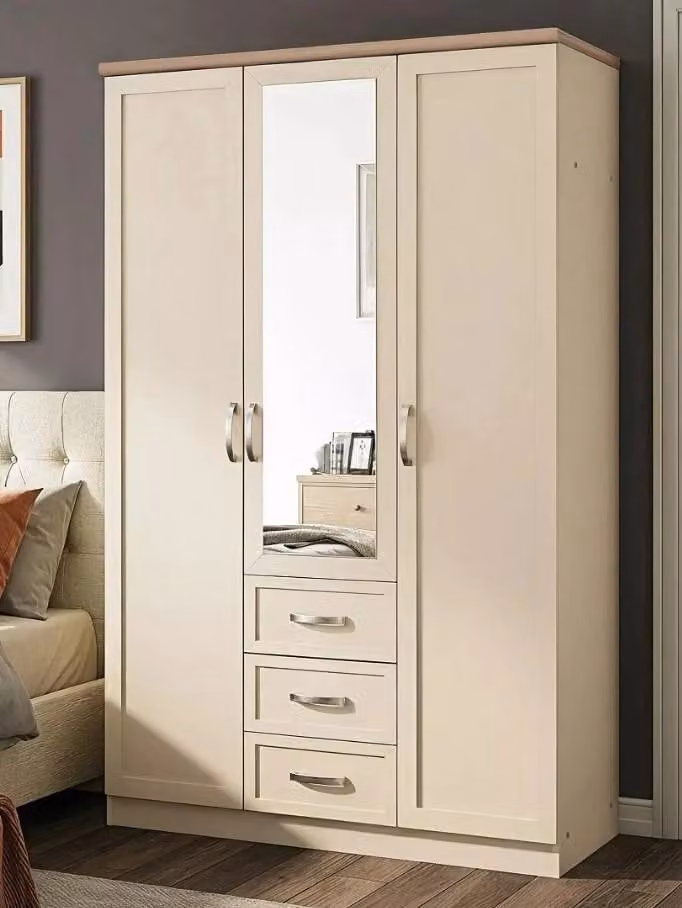 Camberley 3 Door 3 Drawer Mirrored Wardrobe in Oatmeal Oak, W/D/H: 192 x 119 x 58 cm