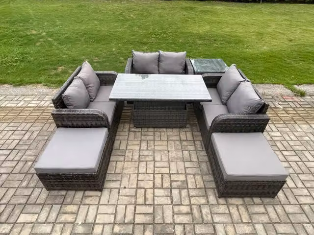 Fimous 3 Piece Rattan Garden Furniture Set in Dark Grey with Adjustable Height Dining Table, Side Table and 2 Footstools
