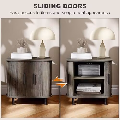 HOMCOM Scandinavian Grey Bedside Table with Sliding Doors and Metal Legs W/D/H: 40 x 30 x 48 cm – 3