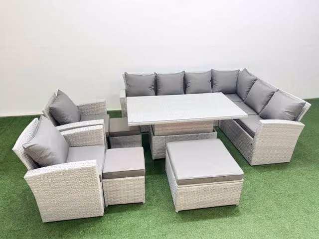 Fimous 11 Seat Rattan Garden Furniture Corner Sofa Set with Stools in Light Grey