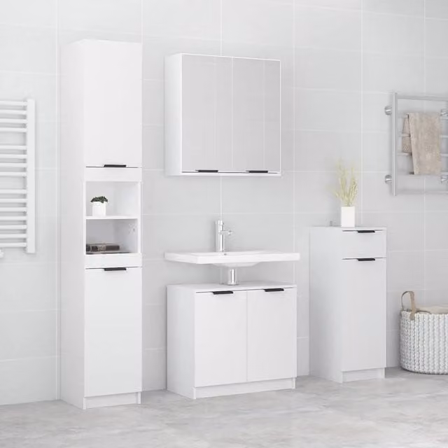 Berkfield Home 4 Piece White Modern Freestanding Bathroom Cabinet Set with Tall Cabinet and Hinged Doors