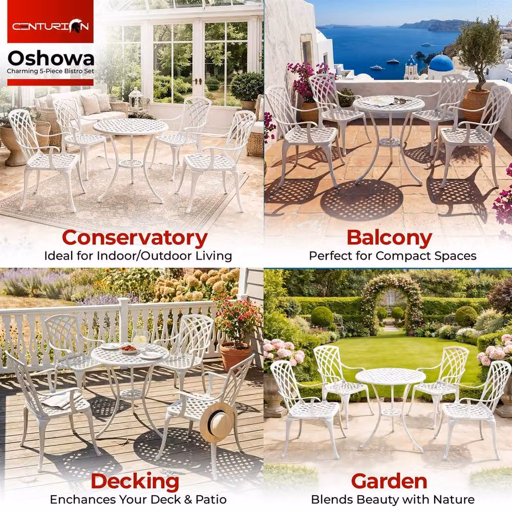 Centurion OSHOWA 5-Piece Cast Aluminium Bistro Set in White featuring a Round Table and 4 High-Backed Armchairs – 3