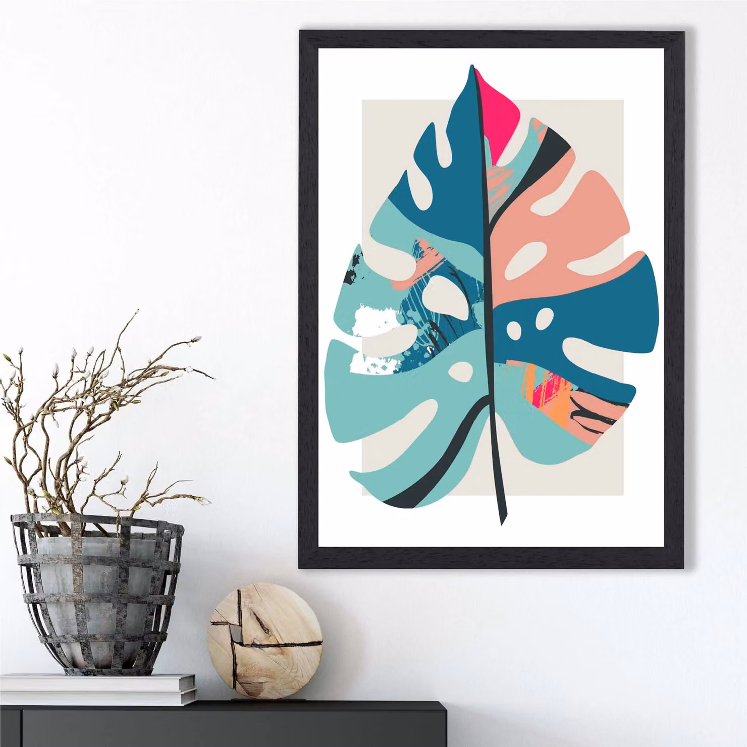 ARTZE Monstera Leaf Blue and Pink Boho Botanical Framed Print with Black Frame – 2