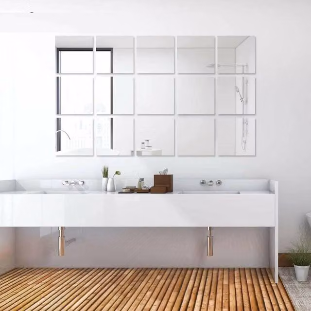 Kelvenix Square Self-Adhesive Mirror Tiles in Silver, 15 x 15 cm