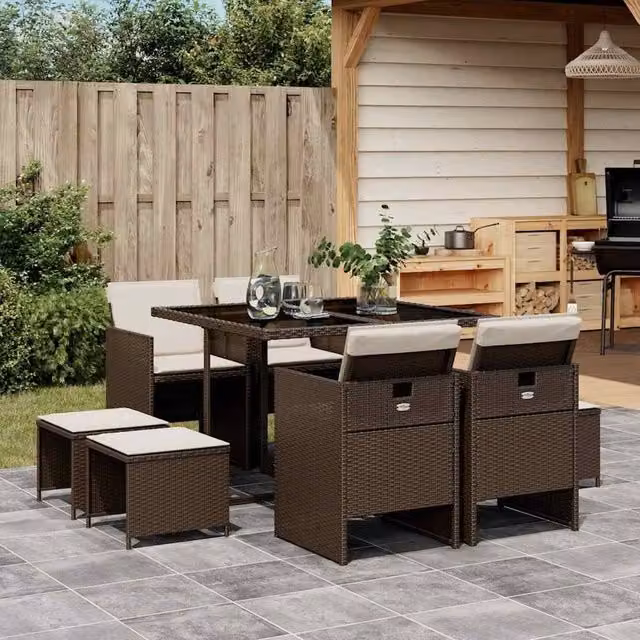 Berkfield Home 9 Piece Brown Poly Rattan Garden Dining Set with Cushions