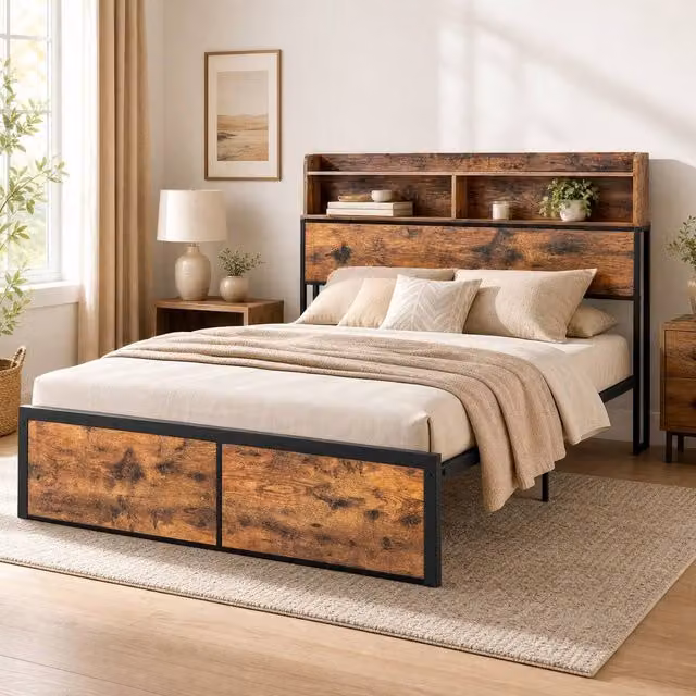 STILVORA Industrial Double Bed Frame with Storage Headboard and Side Compartments in Brown and Black, W/D/H: 140 x 200 x 137 cm