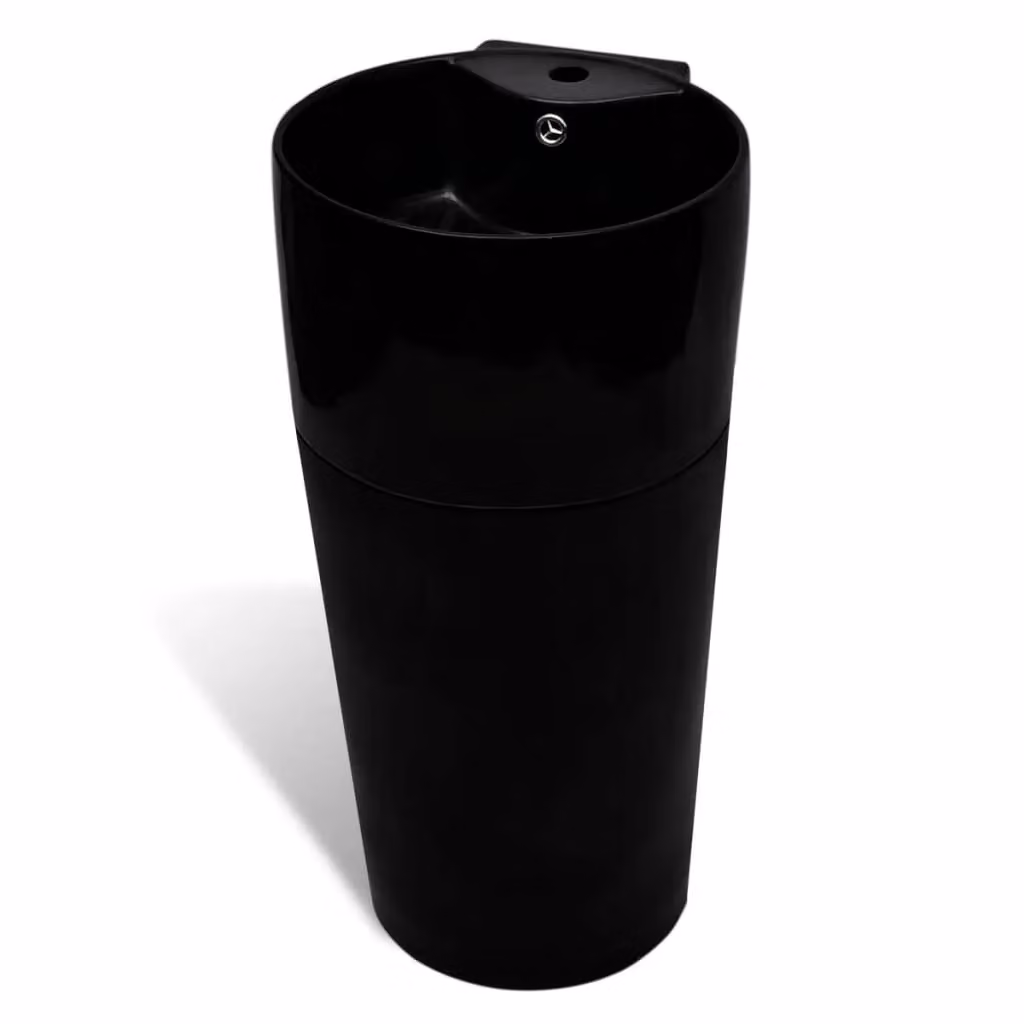 Berkfield Home Black Glossy Ceramic Round Bathroom Sink Basin with Overflow Hole – 2