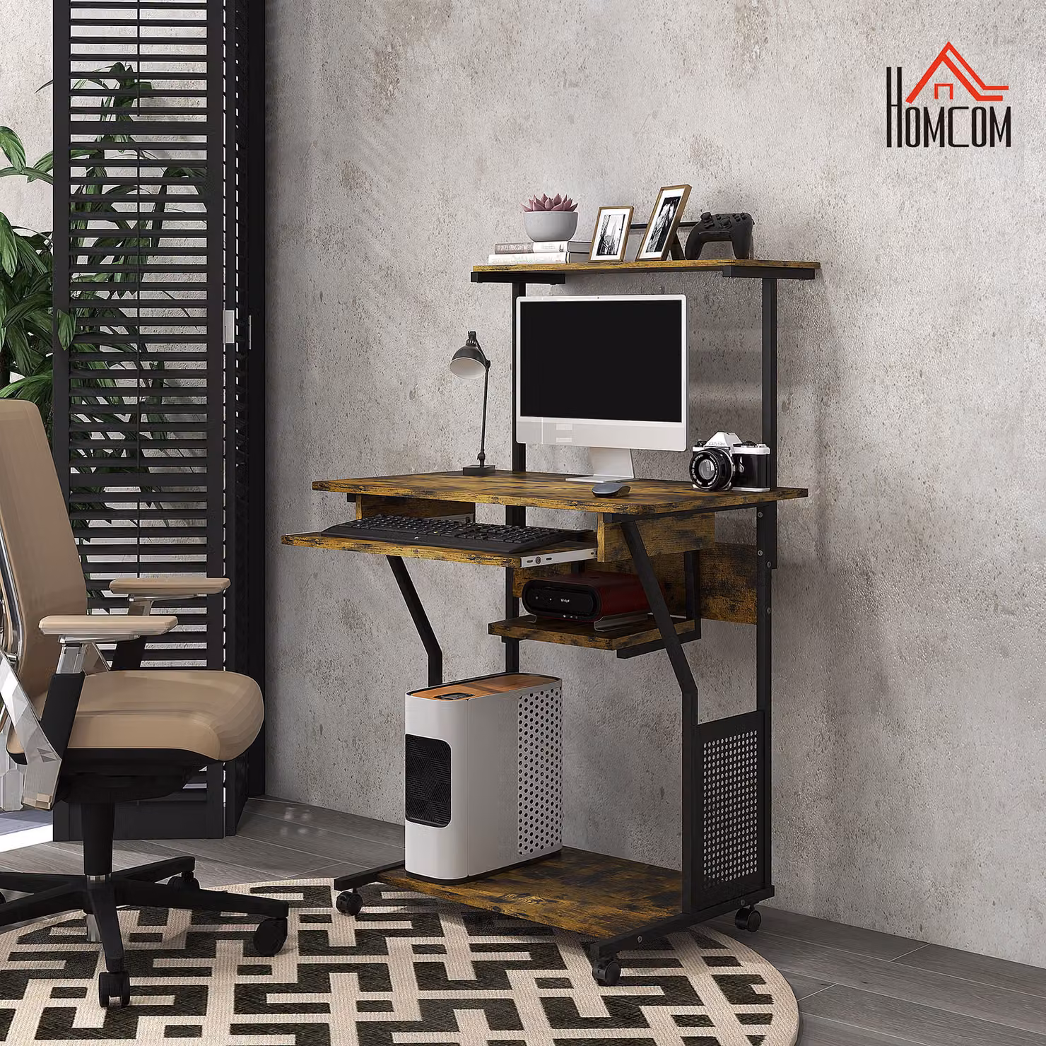 HOMCOM Mobile Computer Desk with Keyboard Tray and Storage Shelves in Rustic Brown – 5