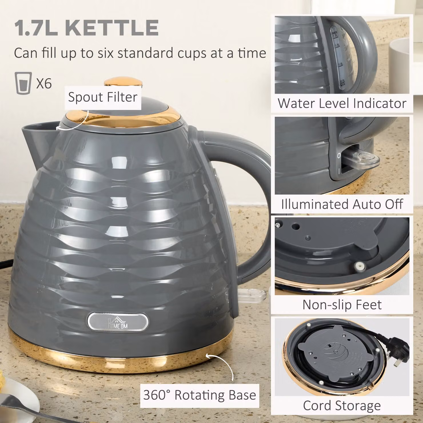 HOMCOM Kettle and 4 Slice Toaster Set in Grey with 1.7L Rapid Boil Kettle and 1600W Toaster featuring Auto Shut-off – 6