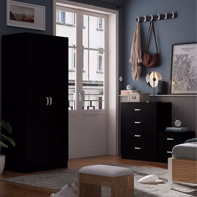 FWStyle Modern Tall 2 Door Double Wardrobe in Black with Curved Metal Handles