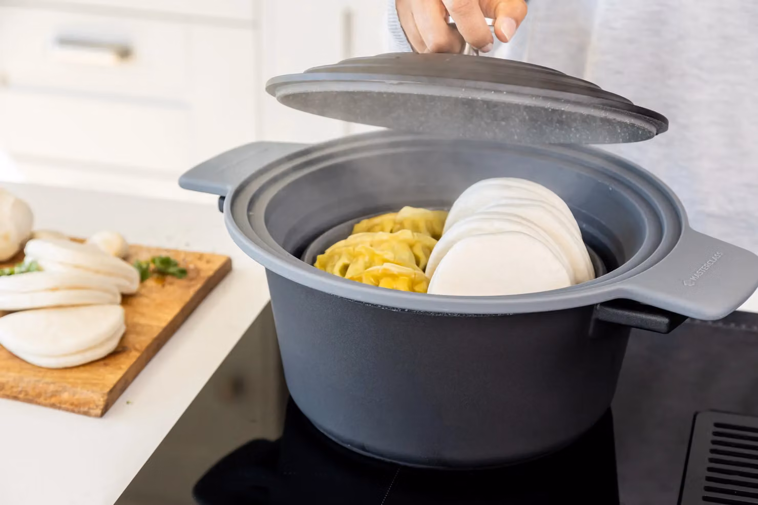 MasterClass Silicone Collapsible Two-in-One Steam Strainer and Colander with Handles, Grey – 8