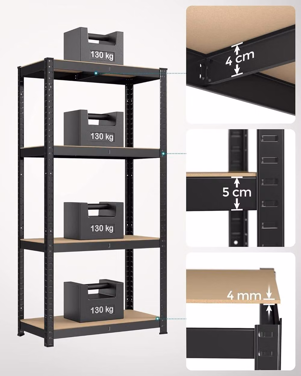 SONGMICS Boltless Garage Shelving Unit with 4 Adjustable Metal and MDF Shelves, Black, H 160.0 x W 80.0 cm – 4