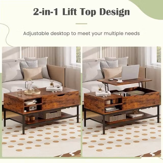 NESTLUNE Industrial Brown Rectangular Coffee Table with Lift Mechanism and Metal Legs – 1