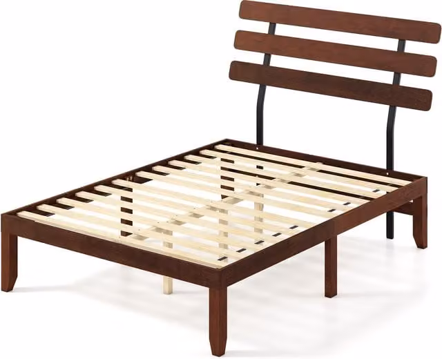 Costway Double Size Solid Wood Platform Bed Frame with Headboard in Brown, 140 x 200 cm – 1