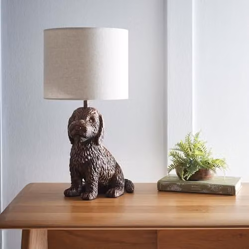 K LIVING Puppy Table Lamp in Copper and Bronze with Linen Shade