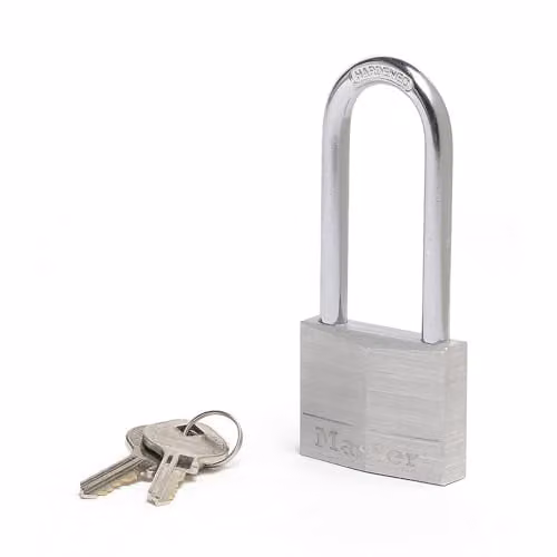 Master Lock Aluminium Key Padlock with Long Shackle, Grey, W: 5 cm, D: 10.7 cm, H: 1.4 cm – 1