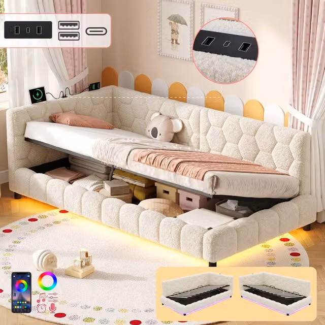 BTM Single Boucle Ottoman Bed in Beige with RGB LED Lighting and USB Charging Port, W/D/H: 90 x 190 cm – 1